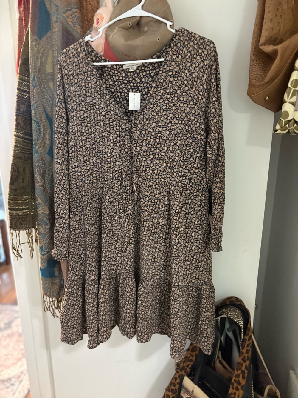 American Eagle Outfitters Brown and Cream Floral Tiered Long Sleeve Dress